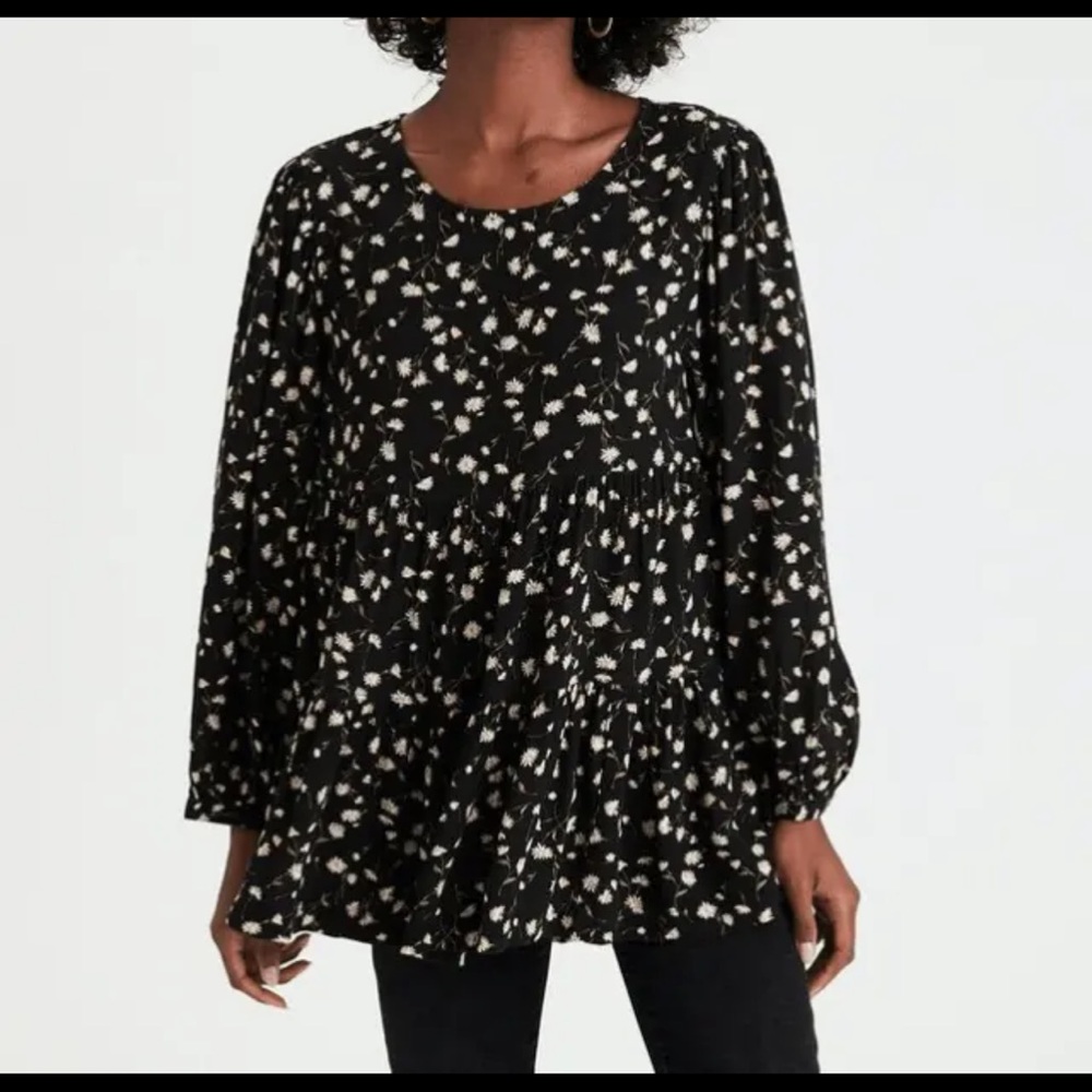 American Eagle NEW Women Black Printed floral Tunic Babydoll‎ Top Size XS